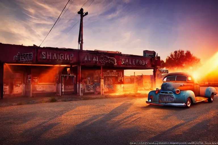 Image similar to a sunset light landscape with historical route 6 6, lots of sparkling details and sun ray ’ s, blinding backlight, smoke, volumetric lighting, colorful, octane, 3 5 mm, abandoned gas station, old rusty pickup - truck, beautiful epic colored reflections, very colorful heavenly, softlight