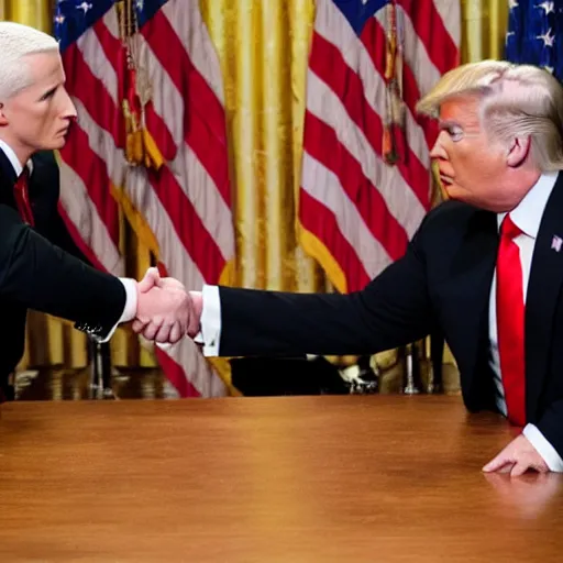 Image similar to anderson cooper and donald trump shaking hands