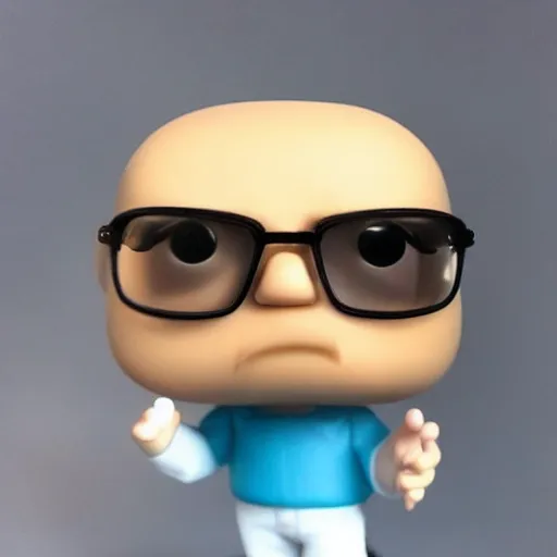 Prompt: bald mathematician in blue shirt and glasses funko pop