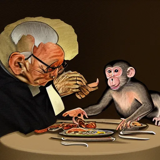 Prompt: digital art painting of a dissected monkey being eaten for dinner by an elderly man