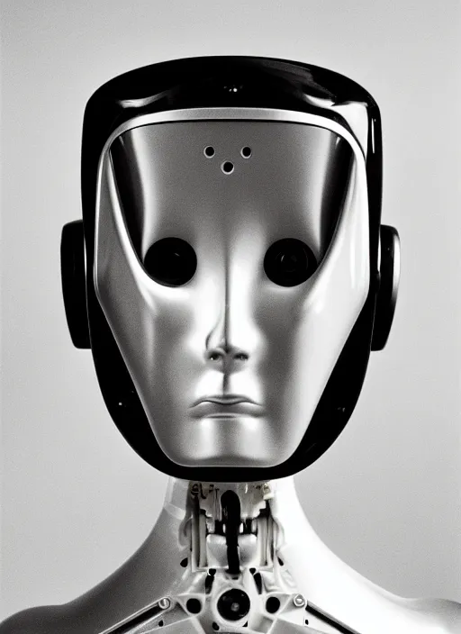 Image similar to a portrait photograph of a robot head designed by Balenciaga, 35mm, pentax, studio