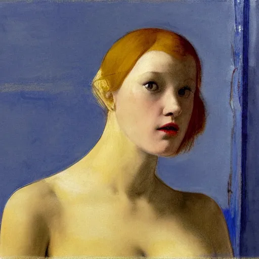 Image similar to close up of a girl in a blue and gold haunted liminal abandoned room, film still by edward hopper, by Pontormo, by klimt, art noveau, highly detailed, strong lights, liminal, eerie, Bright pastel colors