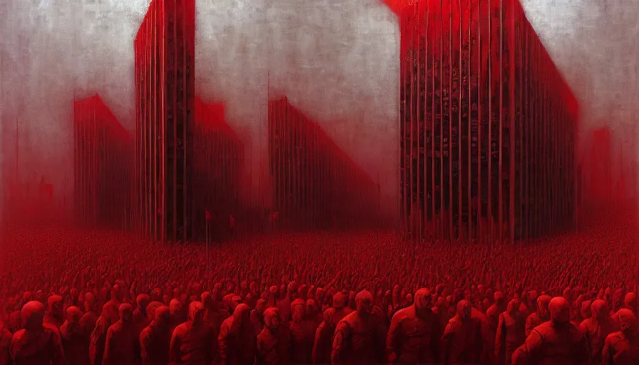 Image similar to only with red, soviet communism horror brutalist architecture apocalyptic with soviet flag, crowd cheering, in the style of beksinski and rodcenko and yue minjun and cory loftis, intricate and epic composition, red by caravaggio, highly detailed, masterpiece, red light, artstation, art nouveau