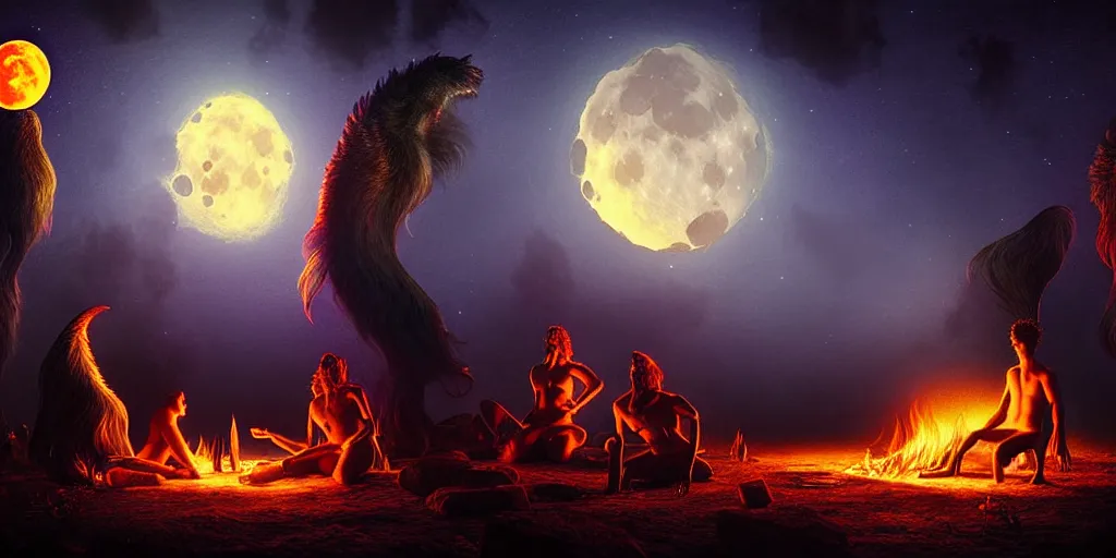 Prompt: venus infused scene at bifrost!!!!!! mythical beasts of sitting around a fire under a full moon at bifrost, surreal dark uncanny painting by ronny khalil