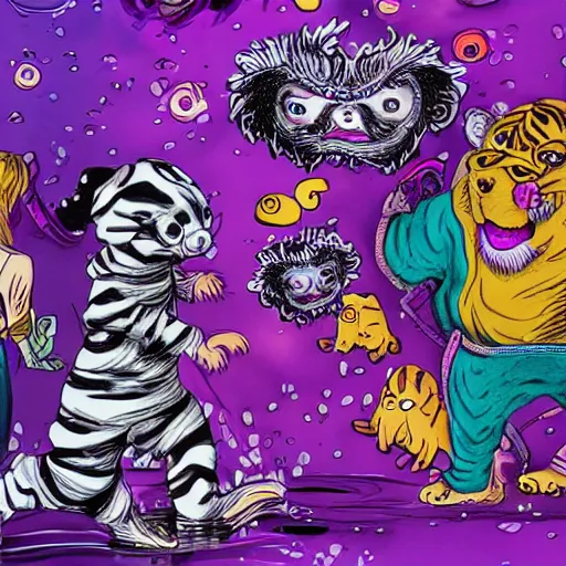 Prompt: an old 6-eyed child in pajamas runs through purple water from a dog with a tiger head, surrounded by people with claws in masquerade masks