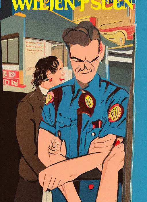 Image similar to Twin Peaks art, of Michael Shannon dressed as mechanic talking to Jennifer Connelly wearing light blue diner waitress dress, poster artwork by James Edmiston, from scene from Twin Peaks, simple illustration, domestic, nostalgic, from scene from Twin Peaks, clean, New Yorker magazine cover