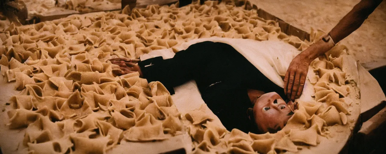 Image similar to a person buried inside a coffin made of ravioli, funeral ceremony, canon 5 0 mm, cinematic lighting, photography, retro, film, kodachrome