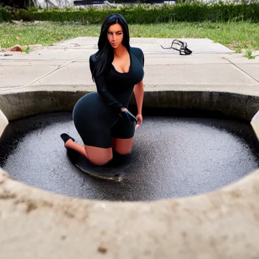 Image similar to photo of kim kardashian trapped inside a sewer drain