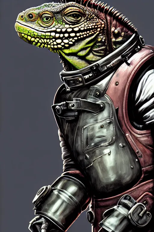 Image similar to a portrait of a muscular anthropomorphic cyberpunk iguana! in leather spacesuit armor with a large head by sandra chevrier, by jon foster, detailed render, pistol in holster, tape deck, epic composition, cybernetics, 4 k realistic, cryengine, realistic shaded lighting, sharp focus, masterpiece, by enki bilal