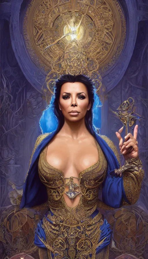 Prompt: eva longoria as a sorceress, passionate, seductive, sweaty, intricate dressed in ornate blue robes and staff, lovely, intricate, highly detailed, digital painting, artstation, concept art, karma sutra, smooth, sharp focus, illustration, unreal engine 5, 8 k, art by artgerm and greg rutkowski and alphonse mucha
