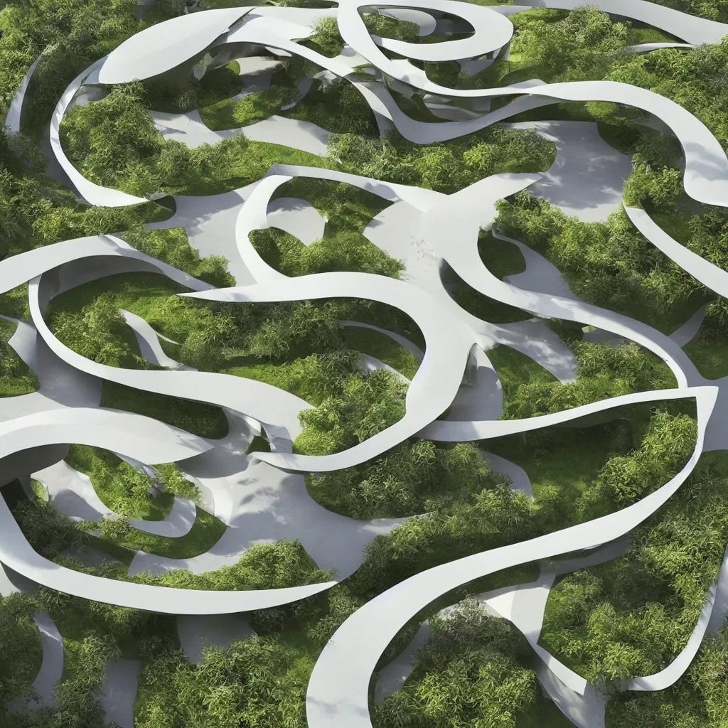 Prompt: “ a incredible smooth curvilinear architectural sculpture, unfolding continuous golden surfaces enclose a visually interesting garden designed by zaha hadid, architecture render ”