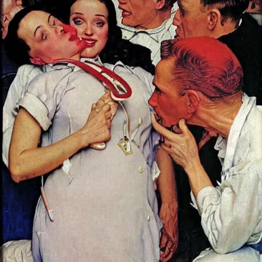 Image similar to katy perry as a nurse, she is giving a patient mouth to mouth resuscitation, oil painting by norman rockwell,