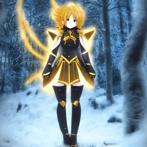 Image similar to portrait focus of beautiful darkness knight 3D anime girl, golden armor wearing, dark forest background, snowing, bokeh, inspired by Masami Kurumada, digital painting, high contrast, unreal engine render, volumetric lighting, high détail