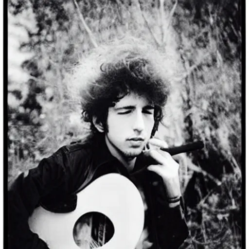 Image similar to young bob dylan with an anime waifu pillow.