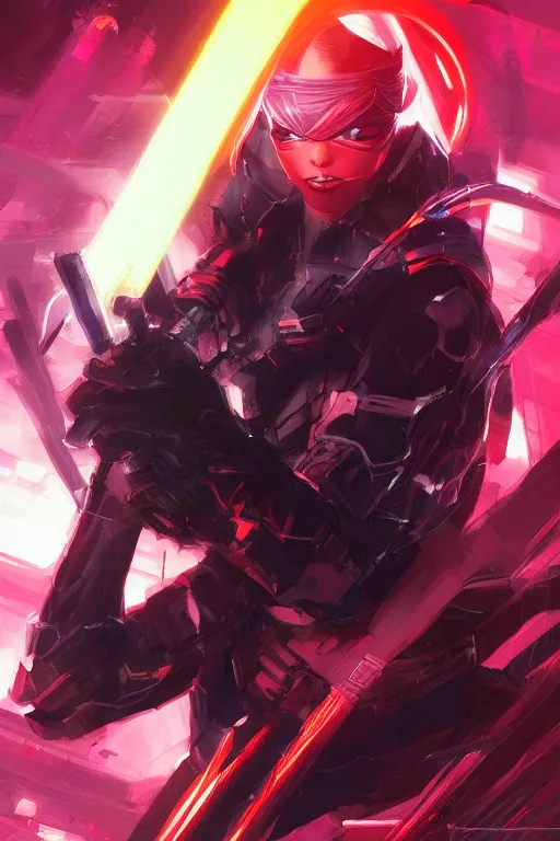 Image similar to portrait of ninja slayer, japan, neon lightning, night city, highly detailed, digital painting, trending on artstation, concept art, sharp focus, illustration, art by artgerm and greg rutkowski and magali villeneuve