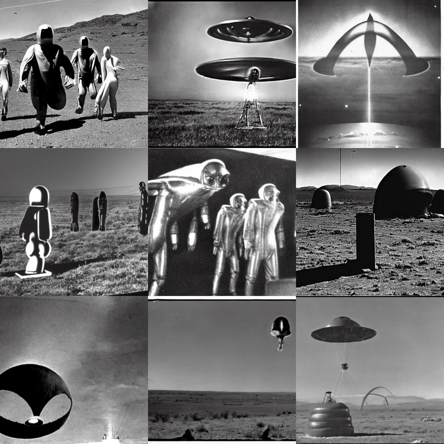 Prompt: lost archival film footage alien abduction roswell new mexico 1 9 4 7 greys ufos