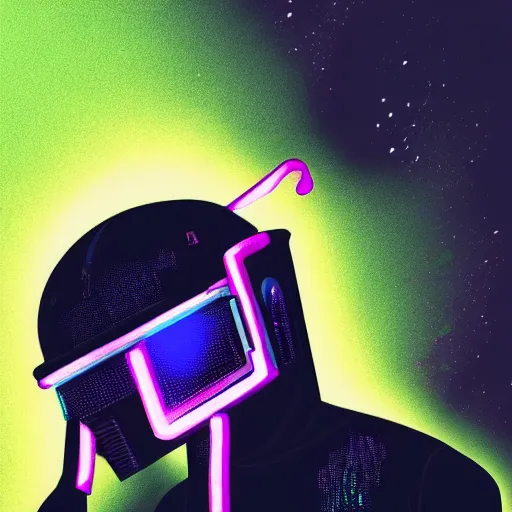 Image similar to a black shiny synthwave android with a visor, a sweatshirt and a cool hat, digital art, cyberpunk, vivid, technological