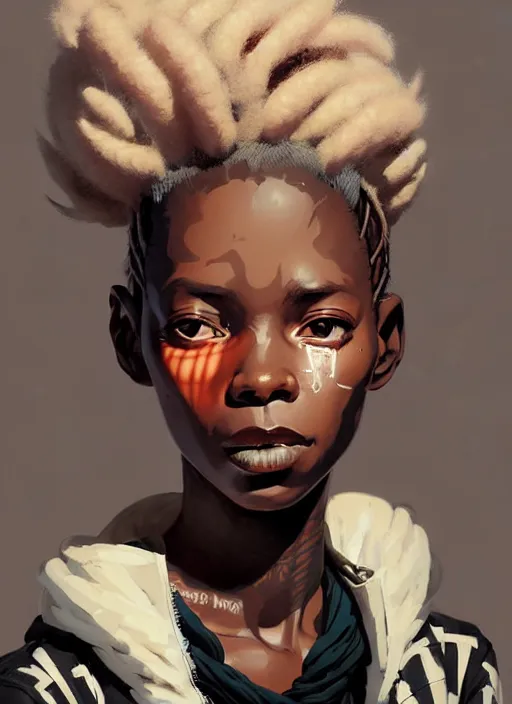 Image similar to highly detailed portrait of a sewer punk african lady, tartan hoody, white afro hair by atey ghailan, by greg rutkowski, by greg tocchini, by james gilleard, by joe fenton, by kaethe butcher, gradient peach, brown, blonde cream and white color scheme, grunge aesthetic!!! ( ( graffiti tag wall background ) )