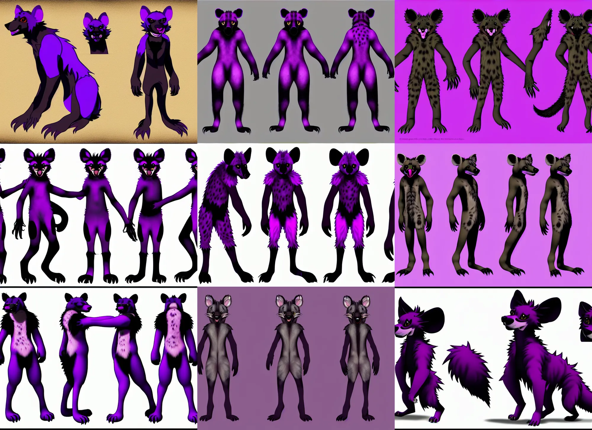 Prompt: three - perspective furry reference sheet ( front / back / side ), hyena fursona, purple and black color scheme, themed after wine, high - resolution, trending on weasyl