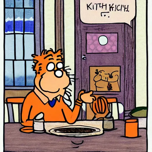 Image similar to jon and garfield at the kitchen table by jim davis