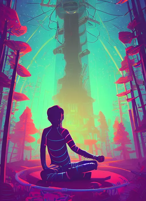 Image similar to an indie game poster of a translucent cyberpunk explorer meditating on an ancient platform in the middle of a dense forest, midnight, risograph by josan gonzalez, colourful flat surreal design, in the style of oxenfree, super detailed, a lot of tiny details