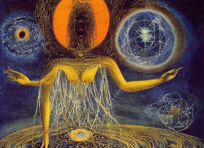 Image similar to a shaman woman spirit holding up the cosmic!! universe, by remedios varo, reflection, symbolist, magic colors, dramatic lighting, smooth, sharp focus, extremely detailed, aesthetically pleasing composition