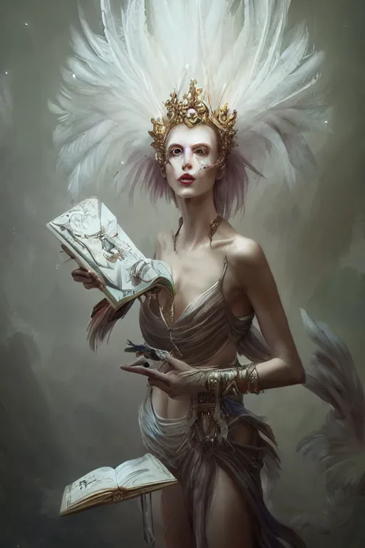 Image similar to beautiful ghost model wearing crystal white feathers, holding books, fantasy, dramatic lighting, highly detailed, digital painting, magic the gathering, hyper detailed, 3 d render, hyper realistic detailed portrait, peter mohrbacher, wlop, ruan jia