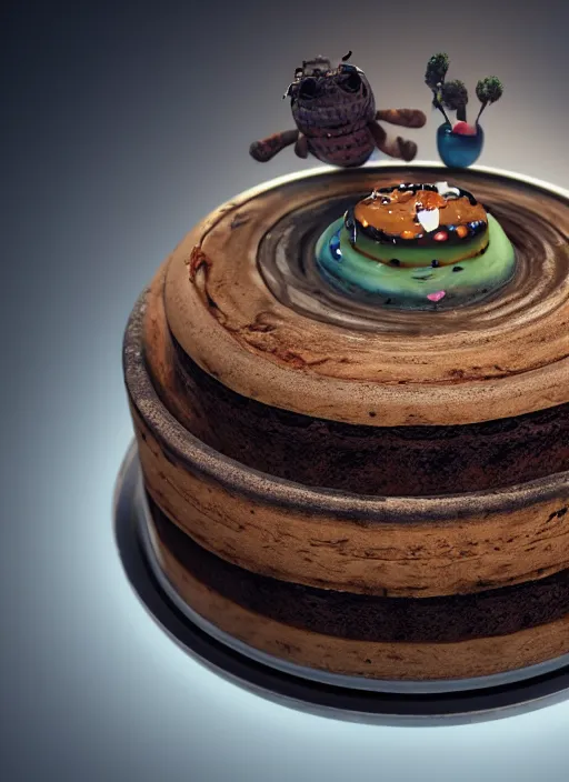 Image similar to a space cake on a table, au naturel, hyper detailed, digital art, trending in artstation, cinematic lighting, studio quality, smooth render, unreal engine 5 rendered, octane rendered, art style by pixar dreamworks warner bros disney riot games.