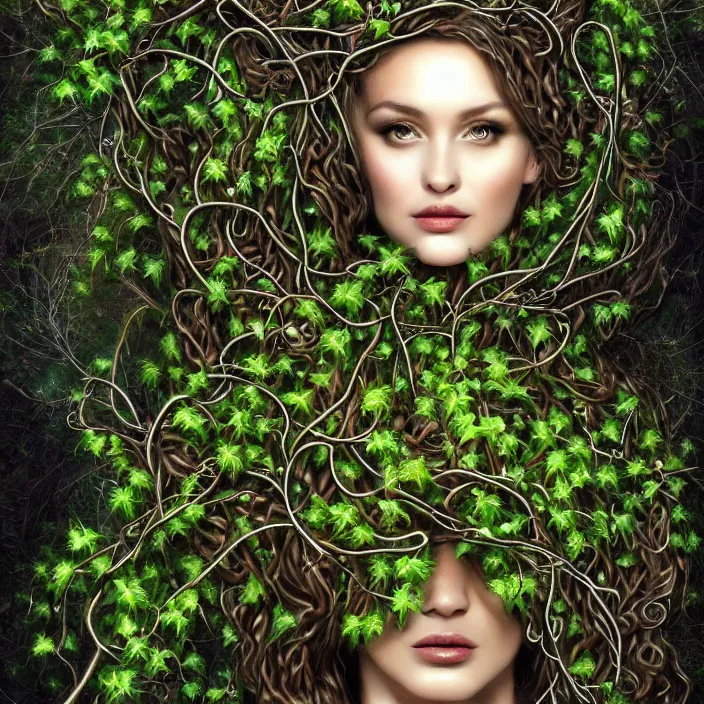 Prompt: beautiful artificial intelligence machine, nature goddess portrait, entwined in vines, branches and ivy, dark forest theme, sci - fi, highly detailed, elegant, hyper - realistic