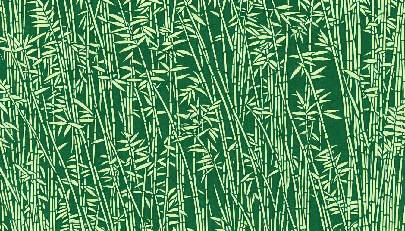 Image similar to close up of ferns with bamboo forest in the background by woodblock print