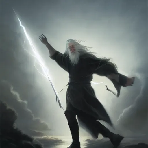 Image similar to gandalf casts a lightningbolt, dramatic lighting, chiaroscuro, high detail, painted by greg rutkowski, painted by igor kieryluk, painted by bobby chiu, trending on artstation