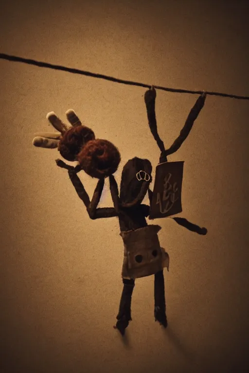 Image similar to a puppet held by string, alone stage, steampunk, sad vibe, steampunk, ballet, 8 k, detailed, ambient lighting, vintage, dark fantasy