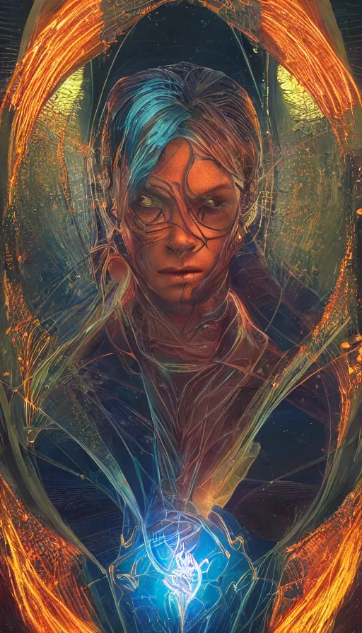 Image similar to tarot card, altered carbon, neon, fibonacci, sweat drops, insane intricate, highly detailed, digital painting, artstation, concept art, smooth, sharp focus, illustration, unreal engine 5, 8 k, art by artgerm and greg rutkowski and alphonse mucha