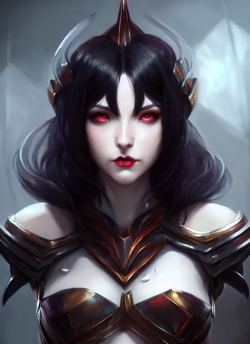 Image similar to full plate armor!!! beautiful and elegant dark hair female vampire!! gorgeous ayes!! character concept art, sharp focus, octane render! unreal engine 5! highly rendered!! trending on artstation!! detailed linework!! illustration by artgerm, wlop, and chie yoshii