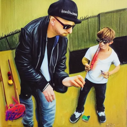 Prompt: dj robin schulz stealing a lollypod from a young boy, photorealism, highly detailed