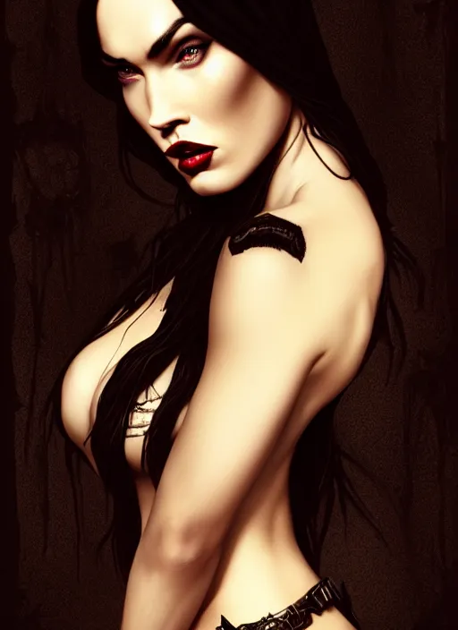 Image similar to megan fox witch queen, black eyes, blood, full body, intricate victorian dress, middle shot, cinematic lighting, symmetrical eyes, caravaggio, artgerm, joshua middleton, rafael albuquerque, charlie bowater, moody lighting, candles