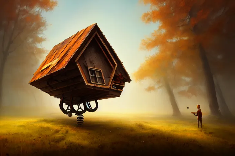 Prompt: a walking wood house with two mechanical legs, rust, hyperrealistic, highly detailed, cinematic, single ray of sun, fog, beautiful, cgssociety, artstation, 8 k, oil painting