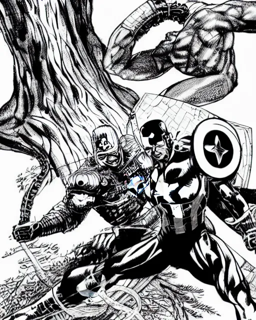 Image similar to black and white captain america defends himself with a shield against the sword of a giant tree monster with wires and tentacles in the cuberpunk forest, by tsutomu nihei, black and white