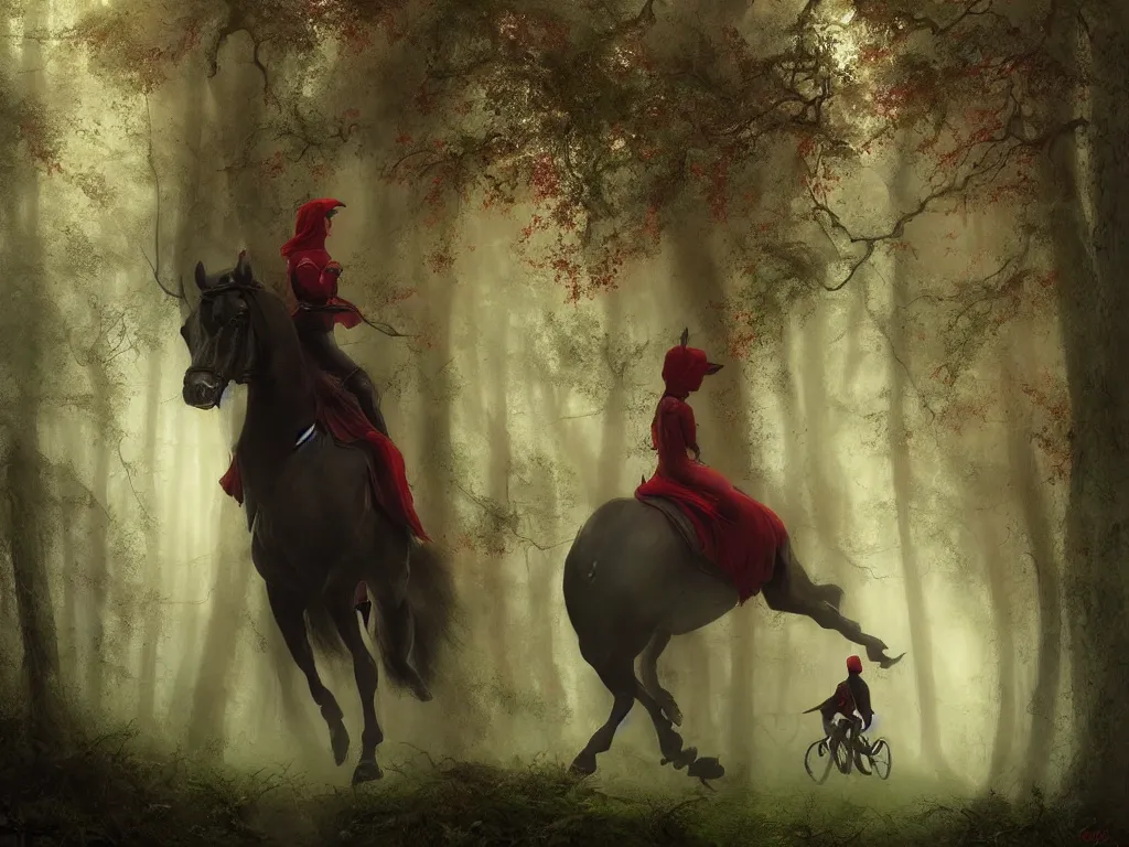 Prompt: a female beauty wearing a red cap rides through a dense green oak and beech forrest on a strong black horse, rays of life, cinematic, fantasy art, moody evening light, foggy, trending on artstation, by esao andrews, by naoto hatori, by tyler jacobson