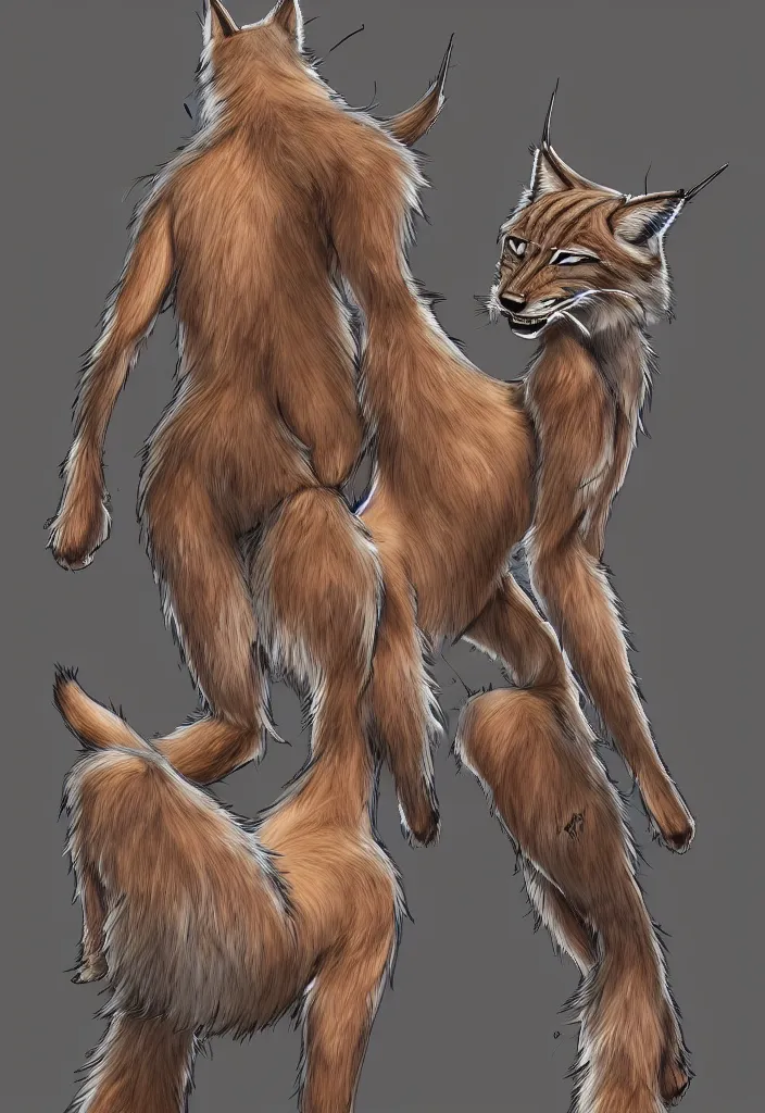 Image similar to anthropomorphic lynx from behind, furry digital art, hand drawn, 4k, trending on artstation, highly detailed