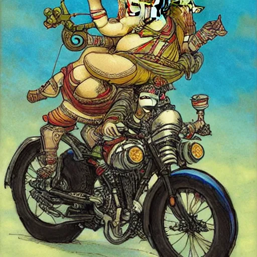 Image similar to ganesha riding a motorcycle, art by rebecca guay