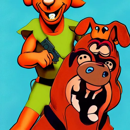 Image similar to Scooby Doo, cover art by stephen Bliss, no text, wearing a bikini, holding a gun, trending on artstation