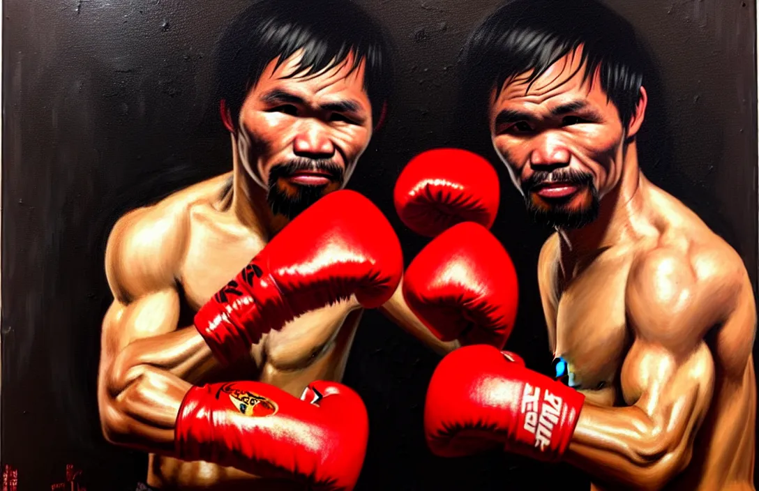 Image similar to portrait of manny pacquiao with red boxing gloves!!!!!!!!!!!!!!!!!!!!!!!!!!!, detailed face, detailed painting, epic lighting, by ilya repin, phil hale and kent williams