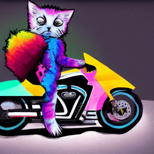 Image similar to wide angle full body, jacket wearing fluffy cute rainbow kitten wearing a black leather motorcycle jacket, riding on a motorcycle, cinematic concept art