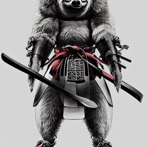 Image similar to graphic, hyperreal illustration of anthropomorphic sloth in traditional samurai armor : : digital art, concept art, character development : : illustrated by artgerm, yoji shinkawa, scott buoncristiano, nychos