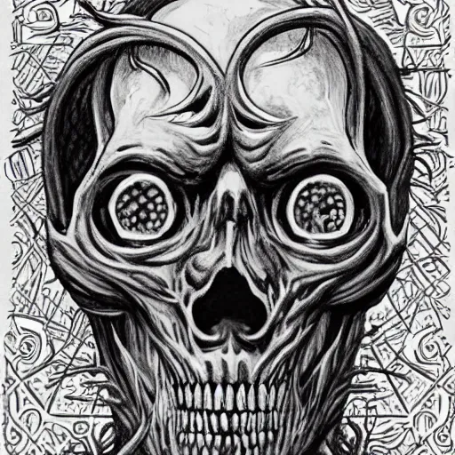 Image similar to high quality rendition of a horrifying man eater by m night shamalan, steven king and h. p. lovecraft. this will keep me up at night. haunting ghoulish skull figure like m. c escher style.