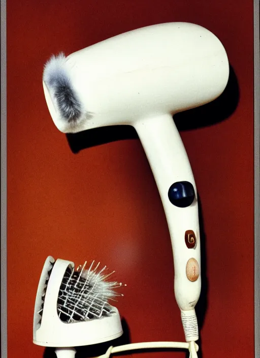 Prompt: realistic photo of a a medieval ritual chemistry appliance hairdryer, made of wood white clay and fur with black wires 1 9 9 0, life magazine reportage photo, natural colors, metropolitan museum collection