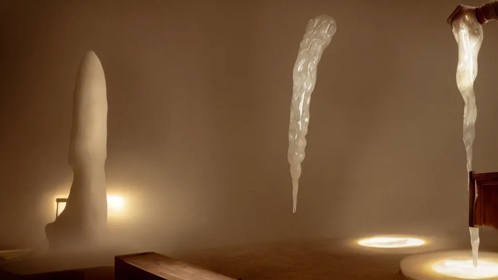 Image similar to a giant hand made of wax and water floats through the living room, film still from the movie directed by Denis Villeneuve with art direction by Salvador Dalí, wide lens