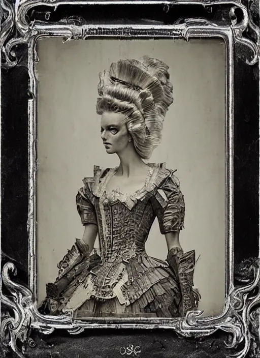 Image similar to old wetplate daguerreotype frame portrait of a futuristic silver armored marie antoinette cyborg, fractal, intricate, elegant, highly detailed, subsurface scattering, by jheronimus bosch and greg rutkowski and louis jacques mande daguerre