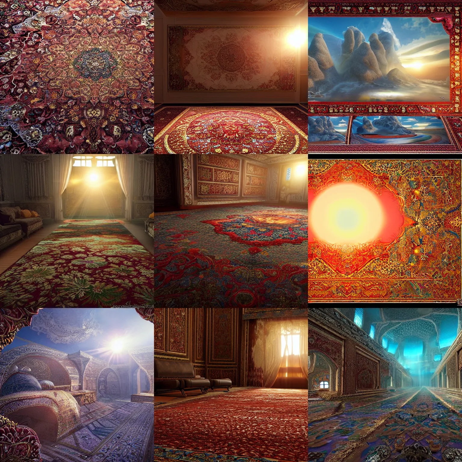 Prompt: sunrise in the Fluffy 3d Persian Carpet world, everything is carpet and 3d, photorealistic concept art, immense detail, epic, striking